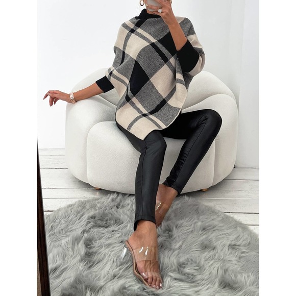 Mock Neck turtleneck Plaid Knit Poncho sweater cardigan black cream preppy boho - Picture 1 of 6